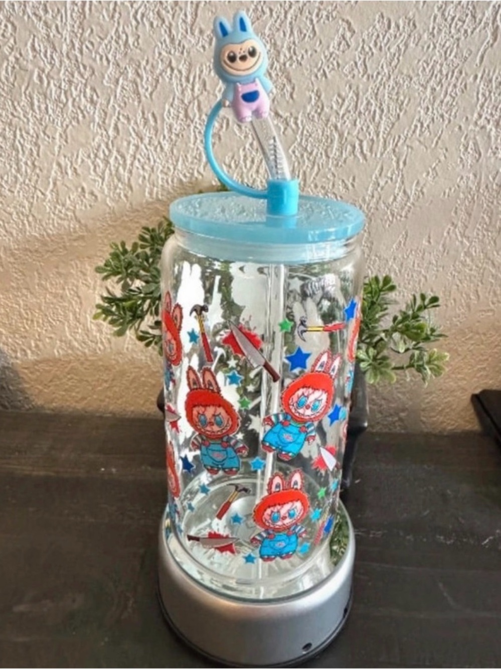 16oz Blue Character Water with Straw - Cute Bunny Design